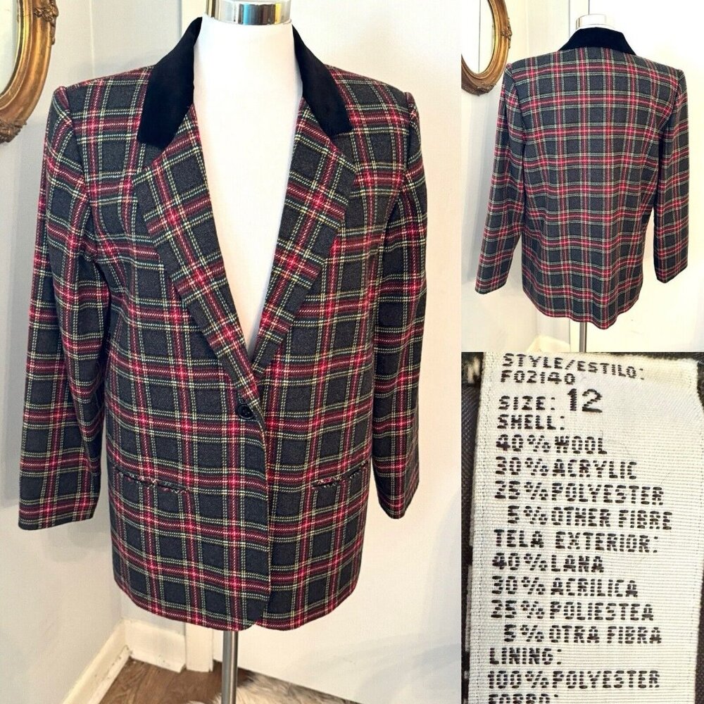 90s Plaid Blazer Jacket L 12 Wool Academia Preppy Velvet Tartan Old Money